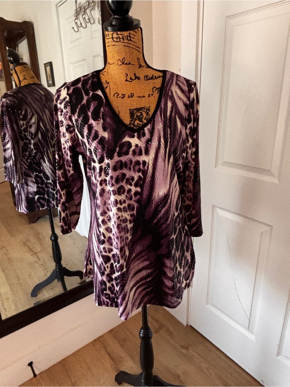 Susan Graver Purple Animal Print V-Neck Tunic Top
